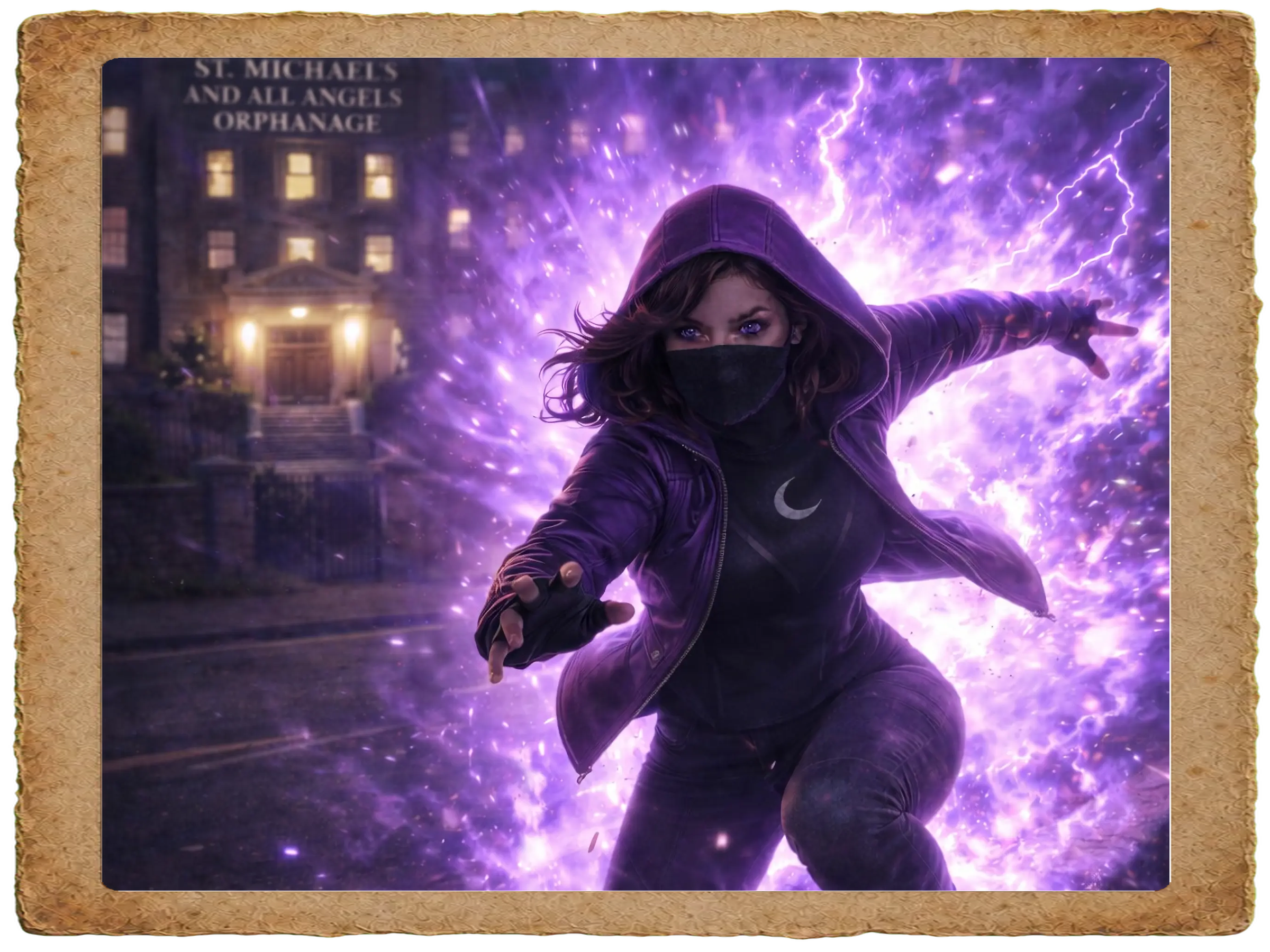 Concept artwork of a masked character surrounded by violet energy