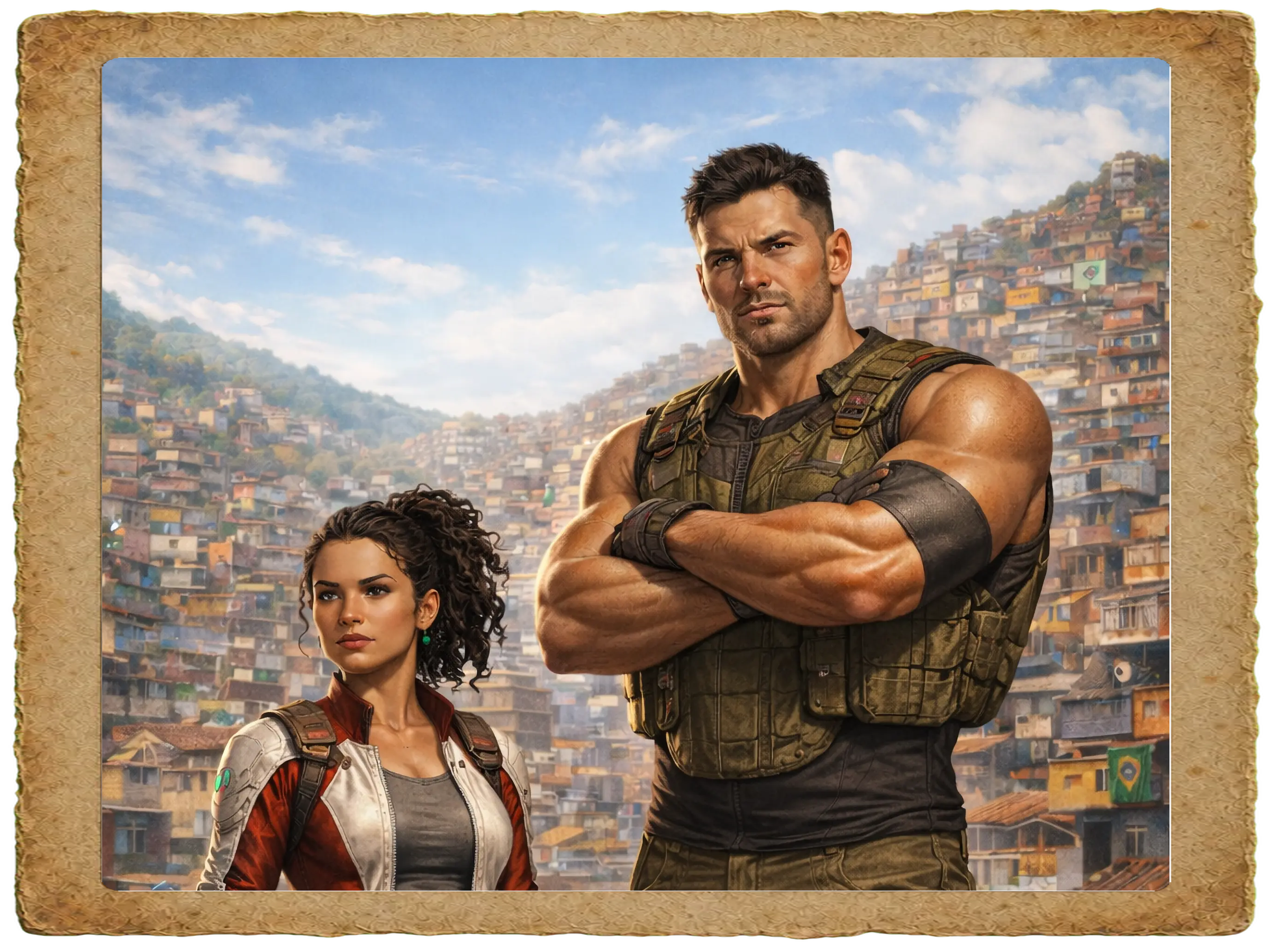 Concept artwork of two characters overlooking a hillside city